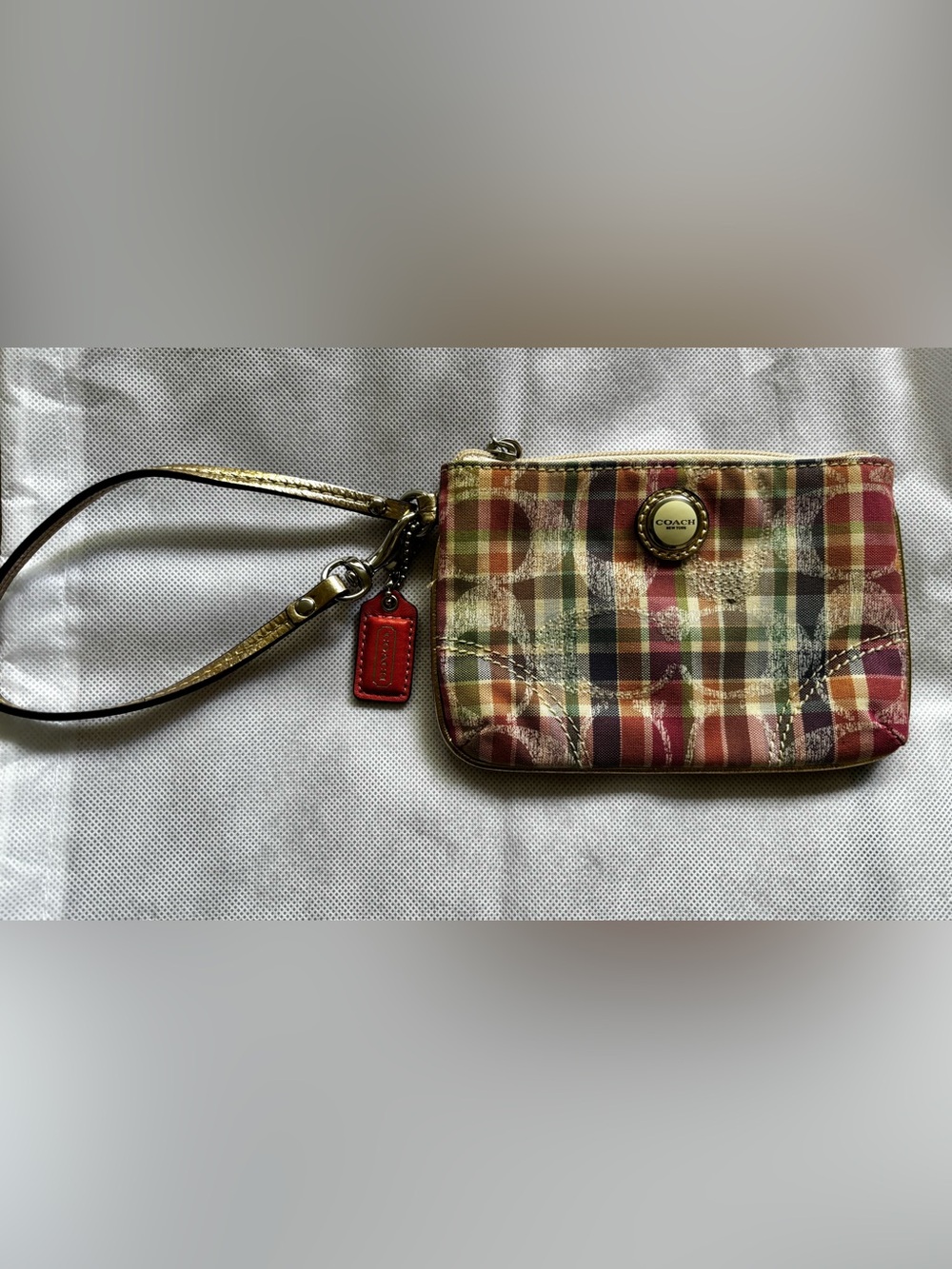 Coach poppy Kingsley pastel plaid wristlet with sequins